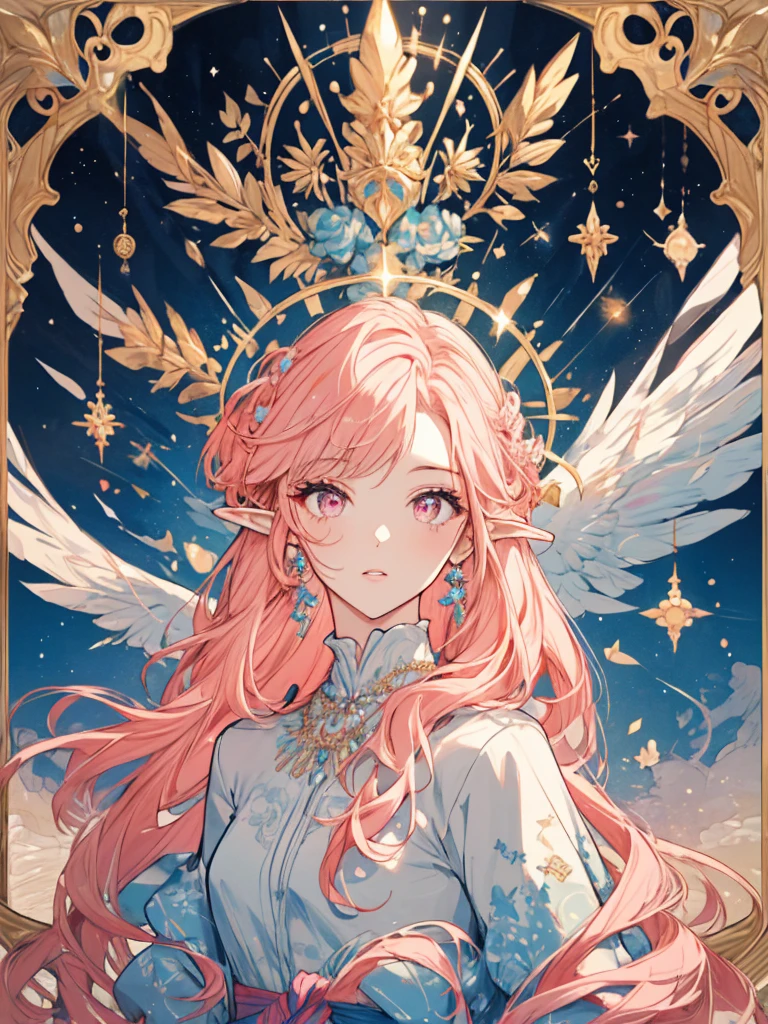 (masterpiece, ultra quality, official art, beautiful and aesthetic:1.2), (1lady), anatomically correct, colorful, ultra highres, unity 8k wallpaper, ultra detailed, pretty, perfect proportion, (mandala), divine light, gold foil art, sparkling paintings, long pointy ears, pink eyes, pink hair, iridescent dress, jeweled necklace, view audience, portrait, tarotcard, (arm up, pointing to the top), (cowboy shot),Art Deco,