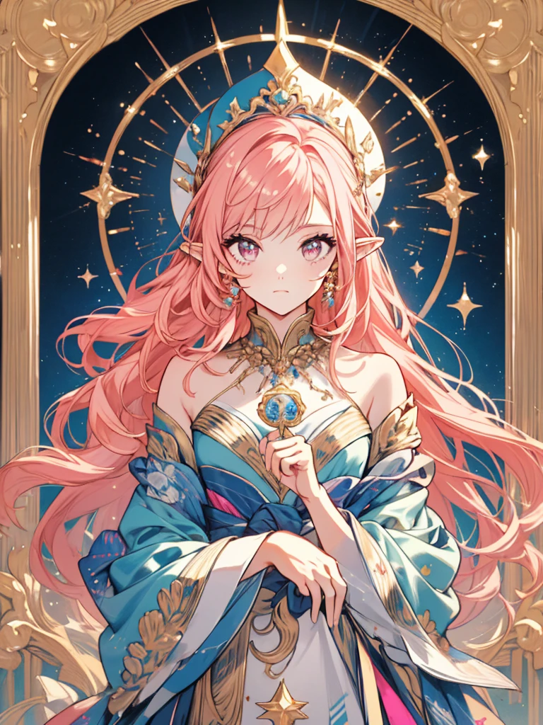 (masterpiece, ultra quality, official art, beautiful and aesthetic:1.2), (1lady), anatomically correct, colorful, ultra highres, unity 8k wallpaper, ultra detailed, pretty, perfect proportion, (mandala), divine light, gold foil art, sparkling paintings, long pointy ears, pink eyes, pink hair, iridescent dress, jeweled necklace, view audience, portrait, tarotcard, (arm up, pointing to the top), (cowboy shot),Art Deco,