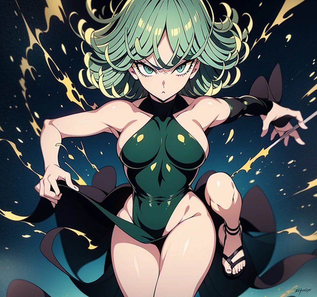 (8k resolution), (Tatsumaki from One Punch Man), wearing a black dress, sandal with heels and high peg heel, body of perfection, pose in a pie-shaped slice (as if she's slicing a pie), hair standing on end due to electric manipulation, signature blue eyes showing a hint of annoyance, leaning slightly backward, left hand holding the pie slice, right hand absent in the frame, background filled with chaos typical of One Punch Man's cityscape, standing, full body