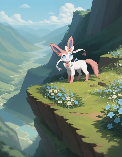 score_9, score_8_up, score_7_up, close-up, ((sylveon)) with its delicate ribbons fluttering like streamers, perched serenely on ...