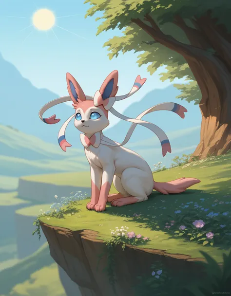 score_9, score_8_up, score_7_up, close-up, ((sylveon)) with its delicate ribbons fluttering like streamers, perched serenely on ...