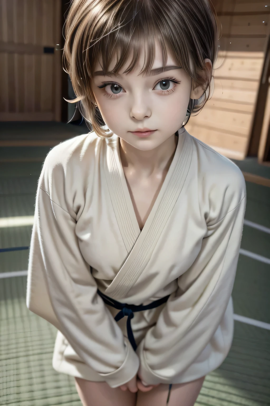 She is a child.　She is small in stature.　Her haircut is a pixie haircut.　Her hair looks like Amara Tenou.　Her hair looks like Audrey Hepburn.　She is wearing a judo suit. Her obi is white. The background is a judo hall. 　The floor is covered with tatami mats. She is standing on the tatami. She has her arms outstretched. Her Judo-gi is large and oversized.