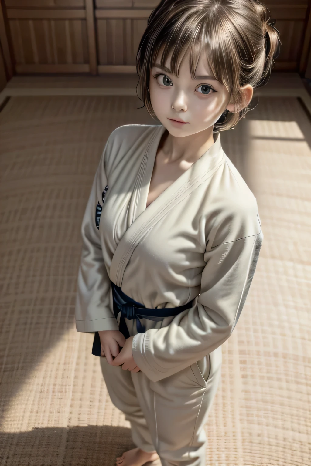 She is a child.　She is small in stature.　Her haircut is a pixie haircut.　Her hair looks like Amara Tenou.　Her hair looks like Audrey Hepburn.　She is wearing a judo suit. Her obi is white. The background is a judo hall. 　The floor is covered with tatami mats. She is standing on the tatami. She has her arms outstretched. Her Judo-gi is large and oversized.