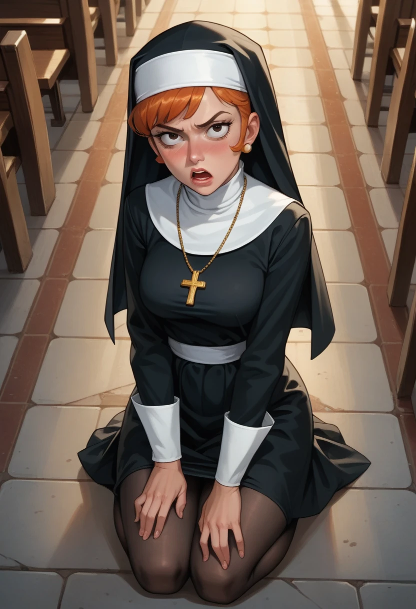 Dexter Mother from the cartoon "Dexter Laboratory", nun clothes, annoyed, flushed, look at the viewer,  black pantyhose up to the hip, She lifts her skirt with her hands to show her thighs , in a church. look at the viewer, open the mouth, She lifts her long skirt just to show her knees without showing her panties , black panty, On knees, from above, POV I put a hand on his head, looks 