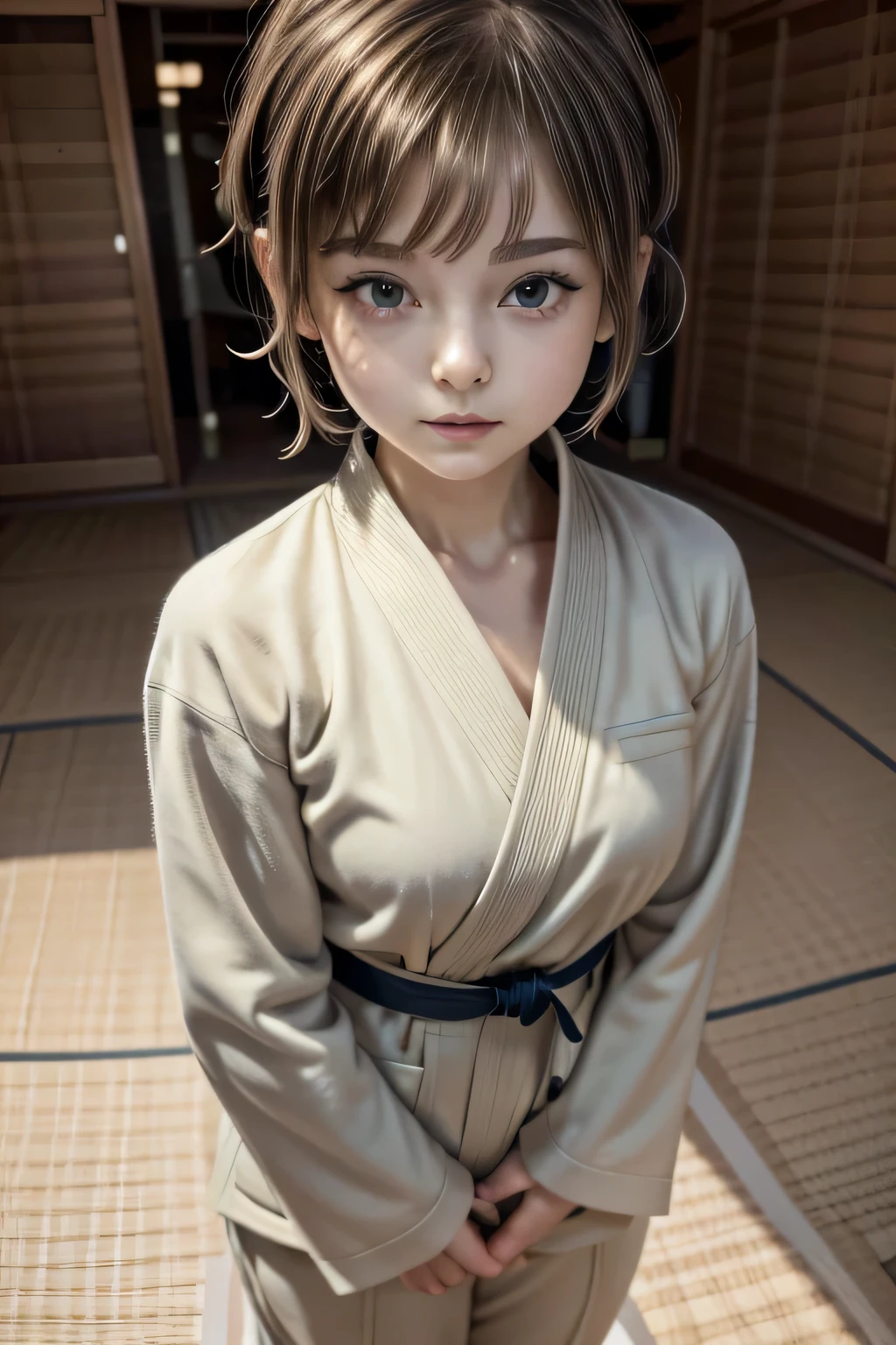 She is a child.　She is small in stature.　Her haircut is a pixie haircut.　Her hair looks like Amara Tenou.　Her hair looks like Audrey Hepburn.　She is wearing a judo suit. Her obi is white. The background is a judo hall. 　The floor is covered with tatami mats. She is standing on the tatami. She has her arms outstretched. Her Judo-gi is large and oversized.