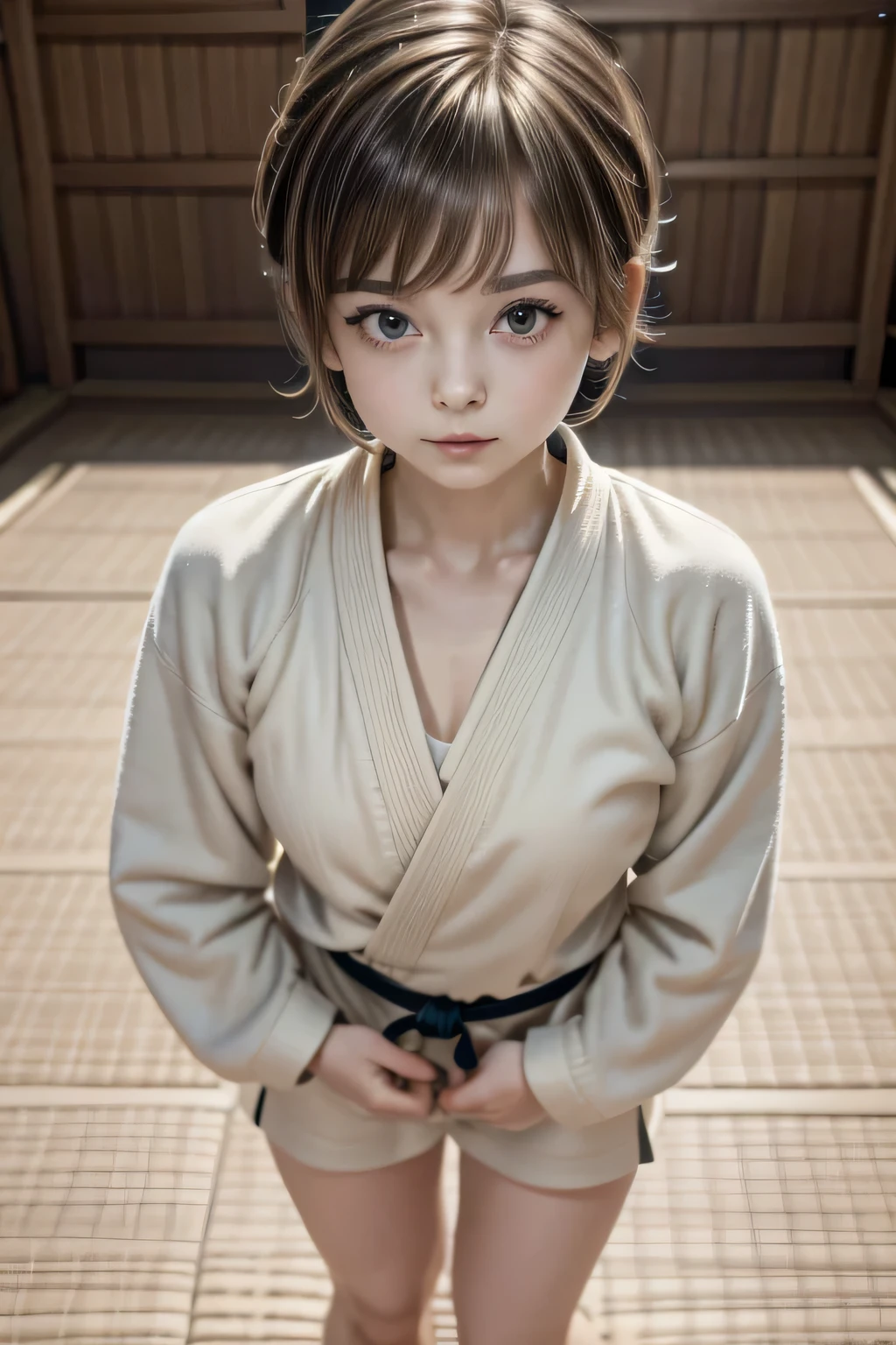 She is a child.　She is small in stature.　Her haircut is a pixie haircut.　Her hair looks like Amara Tenou.　Her hair looks like Audrey Hepburn.　She is wearing a judo suit. Her obi is white. The background is a judo hall. 　The floor is covered with tatami mats. She is standing on the tatami. She has her arms outstretched. Her Judo-gi is large and oversized.