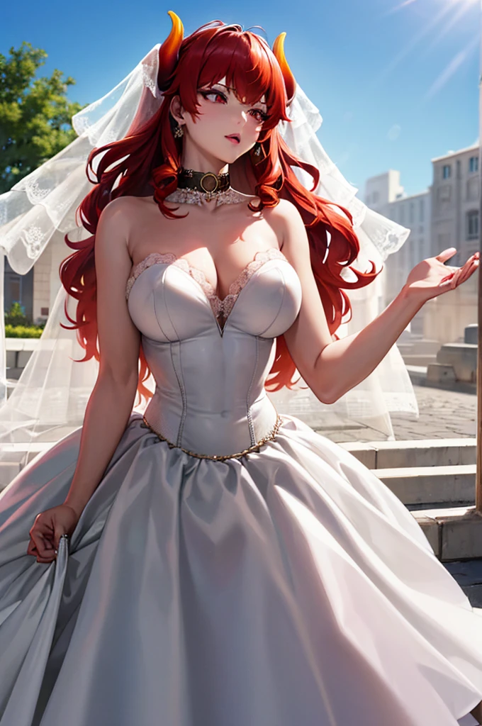 (masterpiece, High resolution, 最high quality:1.3), 8k, Very detailed, Complex, colorful, Vivid image,((dola Dōra:1.3)),((Super detailed)),((High definition)),(Beautiful dragon horns,Beautiful dragon tail), ((Wedding dress:1.6)),((Sexual)),(Perfect figure,Large Breasts,Erect nipples,Mature Woman,Mature Woman, White skin, Decided, Red hair, Gorgeous wavy hair,Soft curly hair, Hair Intake, compensate, lipstick, (Mole under the mouth:0.8), eyelash, Red eyes,heroic), Outdoor,(High resolution, high quality:1.1), Complex詳細, Cinema Lighting, One person,(Metal collar),sexly, Perfect Eyes, Perfect Face, Super detailedな髪, Super detailedな顔, Earrings, Ultra-detailed lips, Large Breasts, Ultra-thin lipstick, Big breasted anime women, Perfect body, [ Mature Woman ], Female protagonist, Dynamic Angle , Action Scenes, 最high quality, prospect, background, Cinema Lighting, Lens flare,sexly,Super detailed,High definition,8k,Perfect Eyes,grassland,((View your viewers:1.4)),Horizontal Angle,((Shoot from the front:1.4)),((Large Breasts:1.3)),((breast:1.3)),((Muscular:1.5),(Cod lips),Hold your head high,Very detailed,Very delicate and beautiful,((Sensually)),((provocatively)),((Upturned chest)),((Overflowing libido)),((Sexual興奮)),(Beautiful Abs:0.9),(Muscularの脚),(very slim figure:),