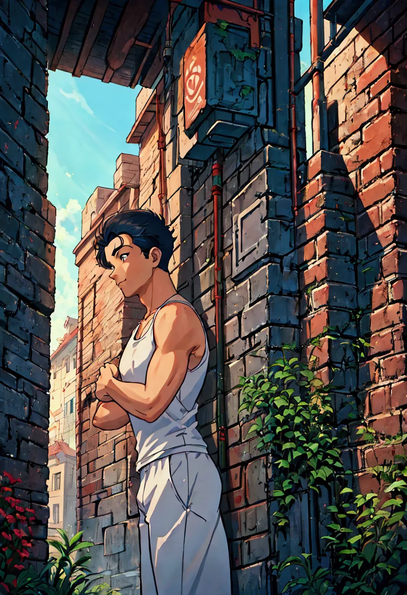 arafed man in a white tank top standing in front of a brick wall, inspired by adam dario keel, inspired by john luke, random bac...