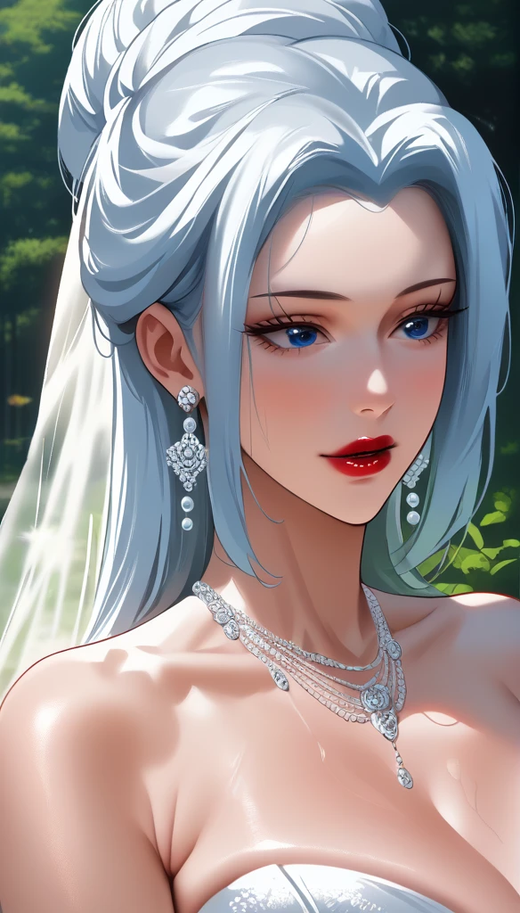  Hot beautiful mei ,red lipstick,big long bead earrings, huge saggy breasts  ,  white  long hair bun ,blue eyes, detailed eyes, wearing wedding dress,  High Resolution, Masterpiece, Accurate, Anatomically Correct, Best Quality, Detail, High Details, HD, High Quality, Super Detailed, UHD,detailed lips, wedding jewellery 