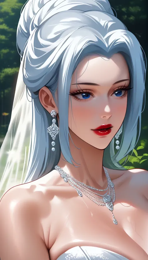 hot beautiful mei ,red lipstick,big long bead earrings, huge saggy breasts  ,  white  long hair bun ,blue eyes, detailed eyes, w...