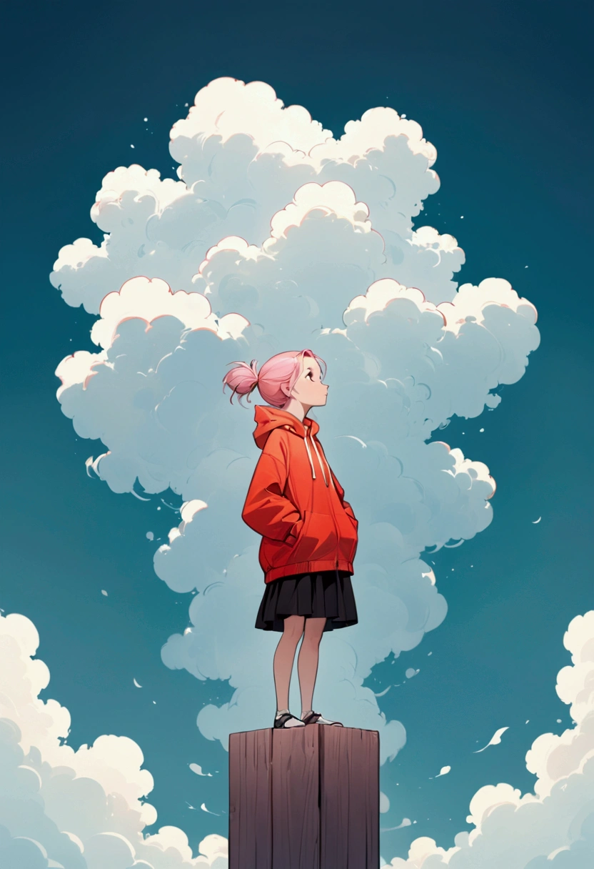 Ewa Poklewska-Koziełło in style of Mike Azevedo，Cartoon graffiti ， standing on a wooden stake looking into the distance，White Cloud，Fear of heights，whole body, Solid color background