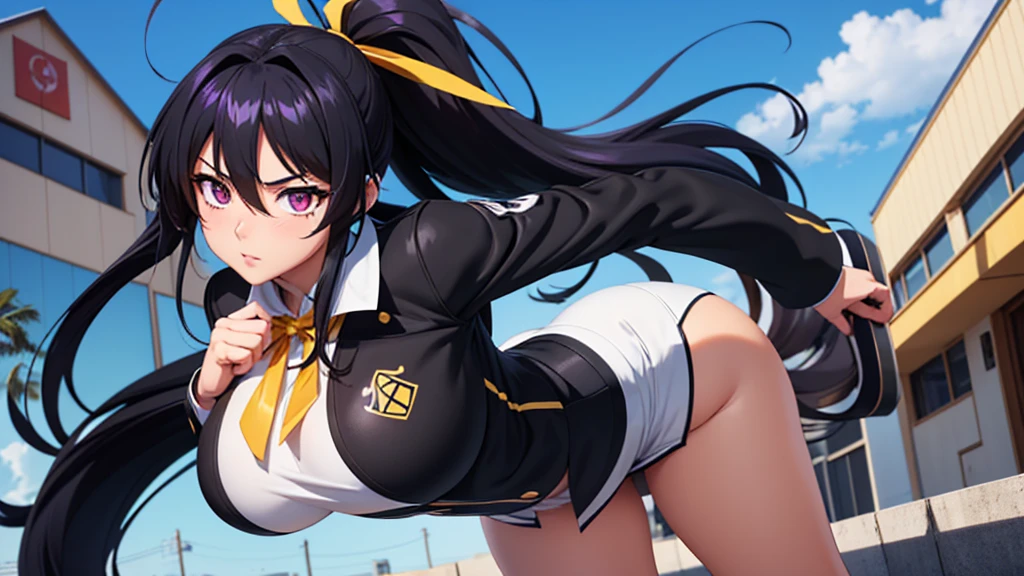 An 8K 3D CGI image of a manga-style medium shot of the High School DxD character Akeno Himejima. Akeno is an attractive and voluptuous-looking woman with very long, floor-length black hair and a ponytail tied with a yellow ribbon, violet eyes, and a generous bust. She wears a school uniform with a short black coat and a white t-shirt enclosed in a stylized gold chrome circle. Akeno is in front of the stylized "ANIME HOUSE!" logo. The background is a blue sky with floating anime-style text "AH!".