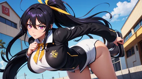 an 8k 3d cgi image of a manga-style medium shot of the high school dxd character akeno himejima. akeno is an attractive and volu...