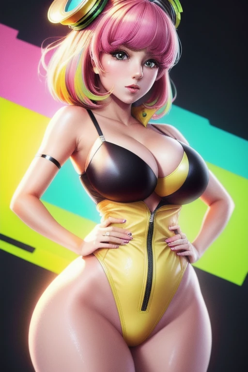 ((masterpiece)), (best quality:1.7), (detailed:1.4), (high res:1.4), 8k, (colorful:1.5), 2d, high resolution, sharped image, 4k, hd, poppi(kamen rider), 1girl, (((solo))), pink hair, pink eyes, dress, thighs, medium breasts, hair ornament, hands on own hips, bare thighs, bare arms, hat, heart, bra,black high leg swimsuit