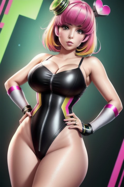 ((masterpiece)), (best quality:1.7), (detailed:1.4), (high res:1.4), 8k, (colorful:1.5), 2d, high resolution, sharped image, 4k, hd, poppi(kamen rider), 1girl, (((solo))), pink hair, pink eyes, dress, thighs, medium breasts, hair ornament, hands on own hips, bare thighs, bare arms, hat, heart, bra,black high leg swimsuit