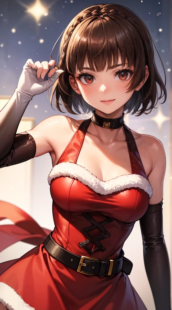 1girl, solo, masterpiece, best quality, high res, highly detailed, (illustration), beautiful detailed eyes, makoto nijima, blunt bangs, braid, brown hair, crown braid, (red eyes:1.3), short hair, ,glossy lips, light makeup, light smile, long white satin elbow gloves ,cowboy shot, (santa), red santa dress