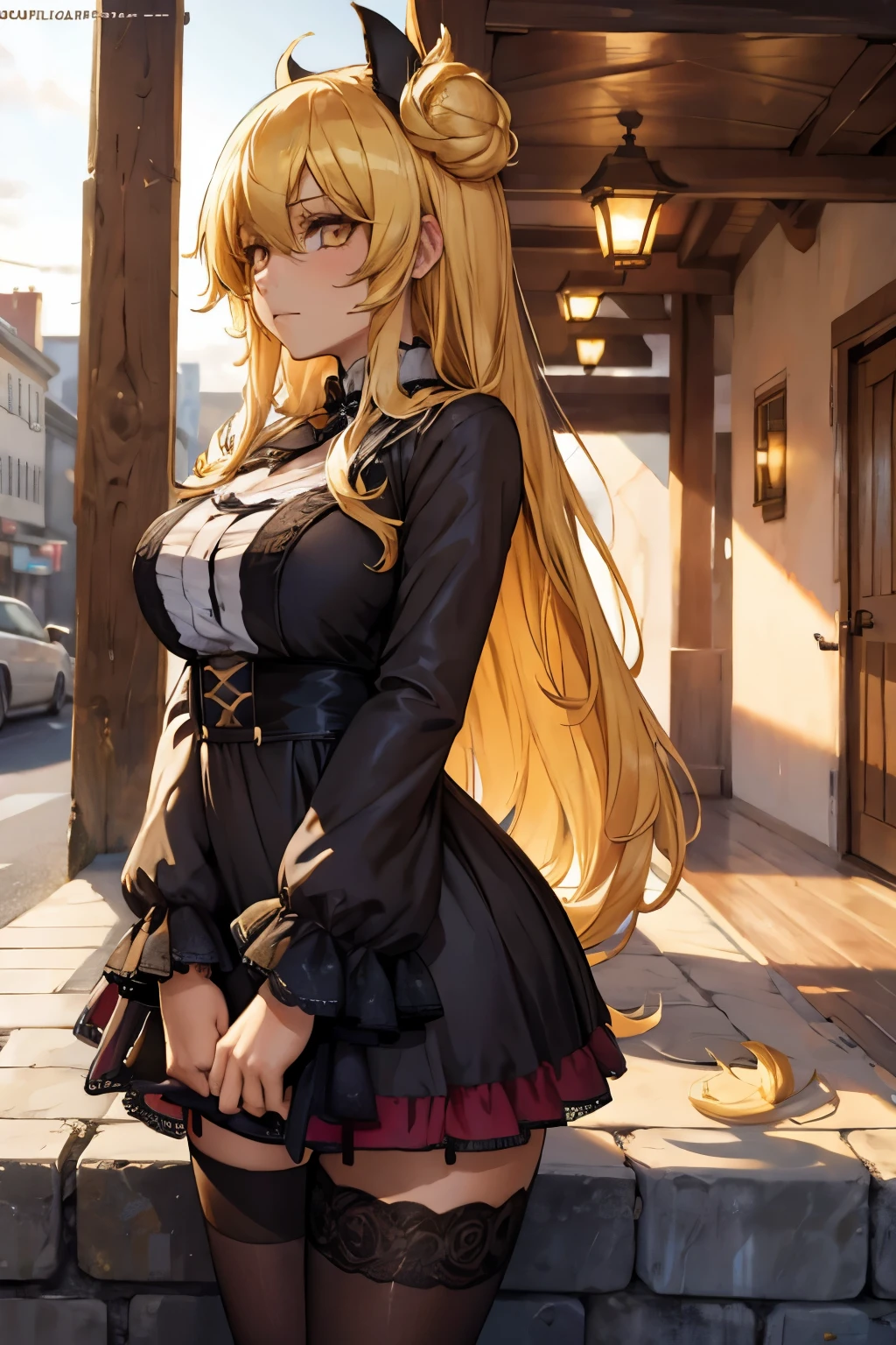 ((haut du personnage)), (((vue de profil))), gros seins, jambes grasses, ((perfect eyes)), (extremely fine and beautiful:1.1), (perfect details:1.1), (finely detailed eyes and detailed face:1.3), ((Mukuro Hoshimiya)), date a live, (beautiful detailed eyes:1.6), street, yellow eyes, very long hair, blonde hair, double bun, hair between eyes, (mukuro hoshimiya dress), pantyhose gris,