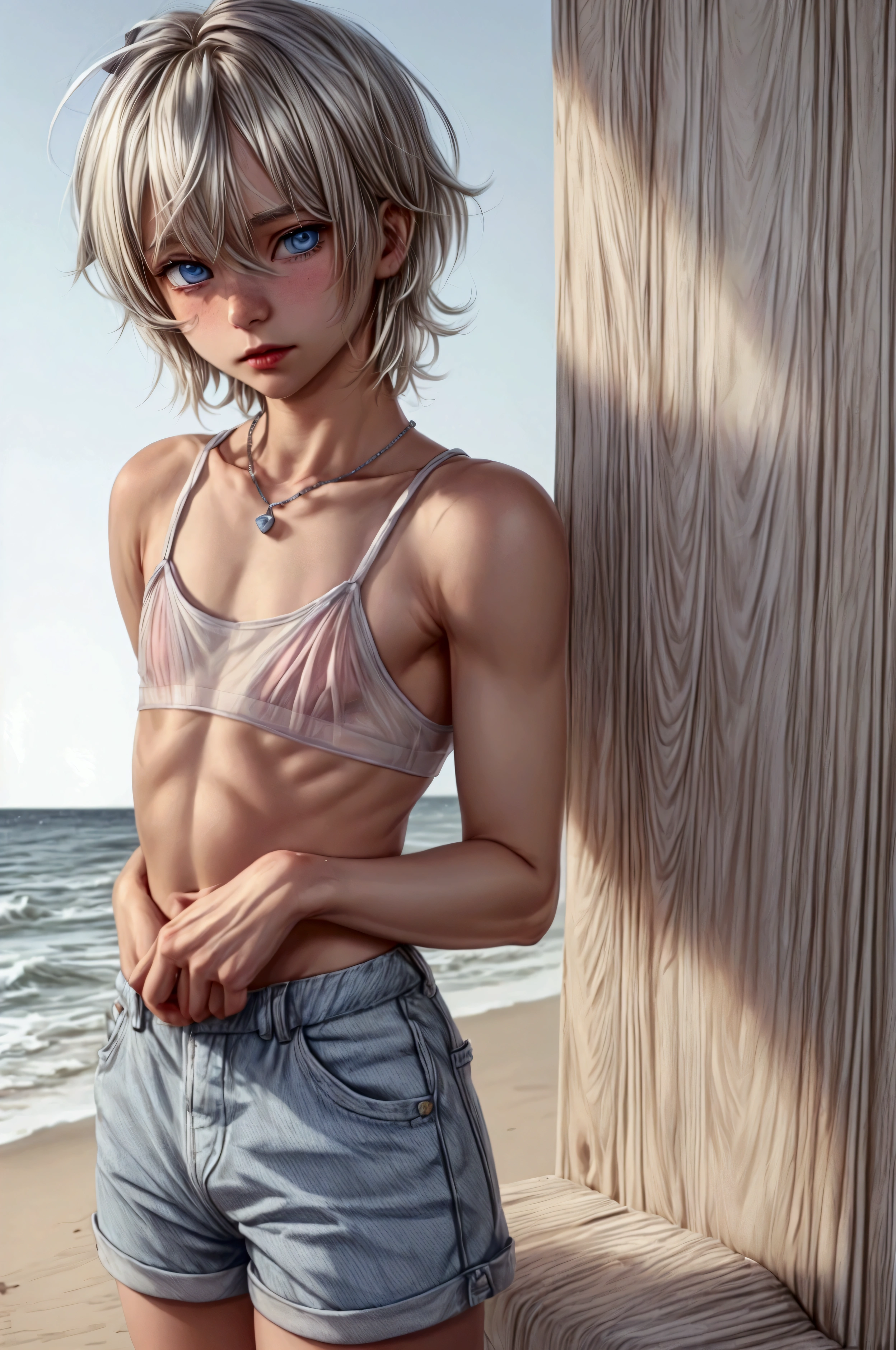 Anime style, Highres, Masterpiece, Best quality at best, Best Quality, hight quality, hight detailed, 1boy, (little boy), boy, blonde boy, blond Hair, perfect boy body, cute boy, detailed light blue eyes, detailed eyes, short hair, messy hair, pastel rainbow inner hair color mesh, Neutral Facial Features, boy flirty posing, wears a too short unicorn color transparent cami tank top, without breasts, silver necklace with a pastel pink heart, boy chest, too very short mini blue jean short, beautiful long legs, hot summer sunset on the beach, highest quality,