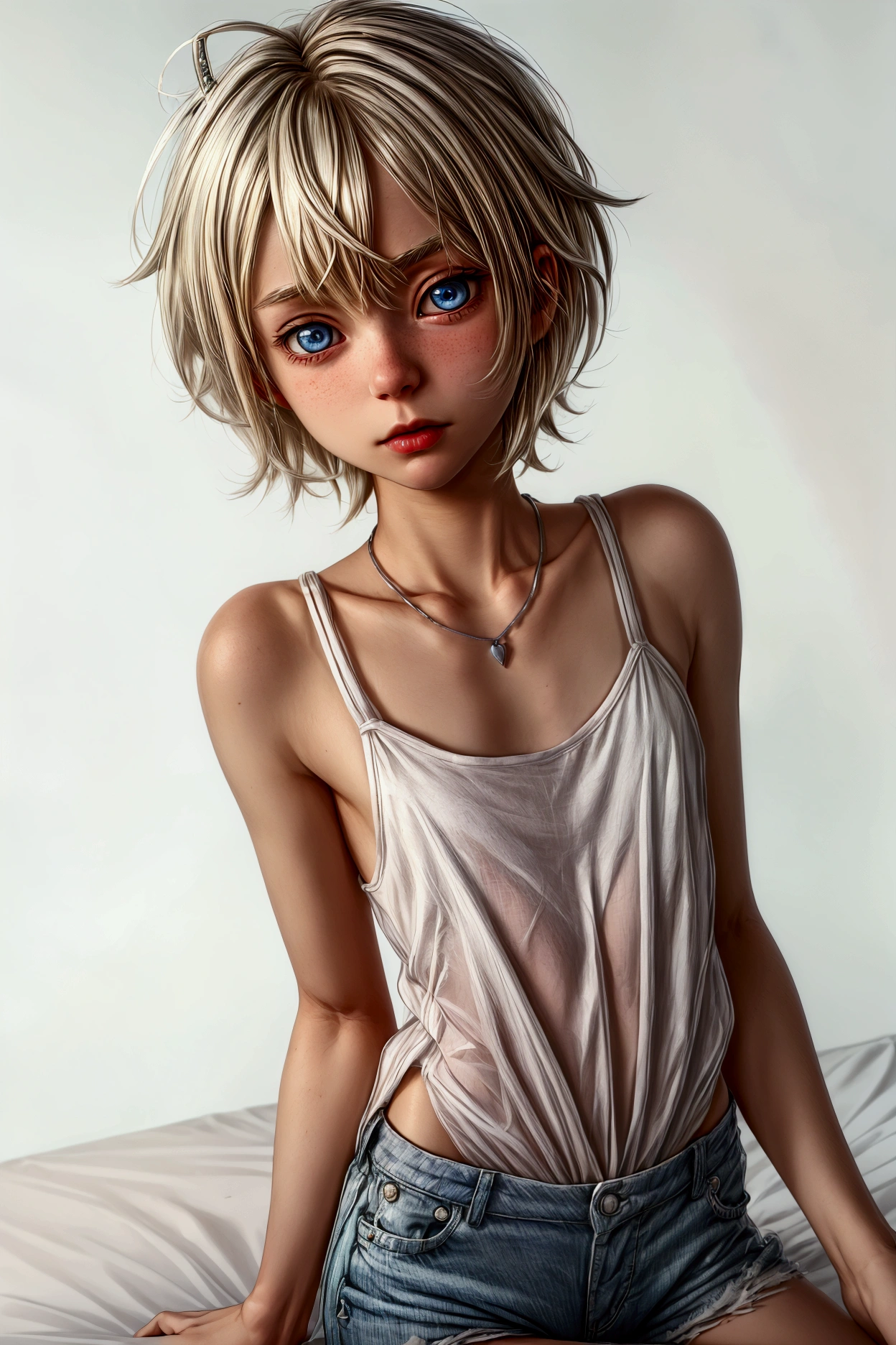 Anime style, Highres, Masterpiece, Best quality at best, Best Quality, hight quality, hight detailed, 1boy, (little boy), boy, blonde boy, blond Hair, perfect boy body, cute boy, detailed light blue eyes, detailed eyes, short hair, messy hair, pastel rainbow inner hair color mesh, Neutral Facial Features, boy flirty posing, wears a too short unicorn color transparent cami tank top, without breasts, silver necklace with a pastel pink heart, boy chest, too very short mini blue jean short, beautiful long legs, hot summer sunset on the beach, highest quality,