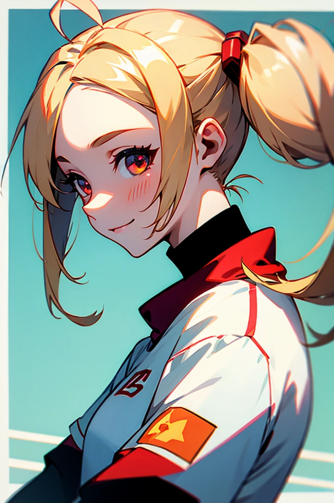 (first work, Better Quality: 1.2),1 girl、Blonde、Ponytail、Ahoge、Red round eyes、smile、smile、From the side、Upper body close-up、Sportswear、Soccer field、Delicate contours、Background Blur, The depth of the drawn border