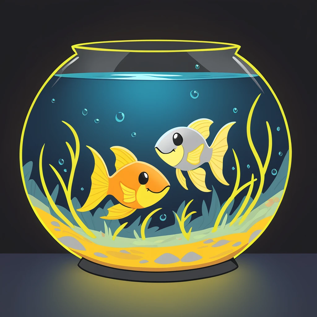 Wattrel with black light-gray yellow and orange color palette in a fish bowl, cartoon art style
