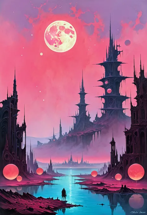 acrylic painting a vivid scifi illustration of landscape of a deserted planet with three moons of different sizes, ruins of a fa...