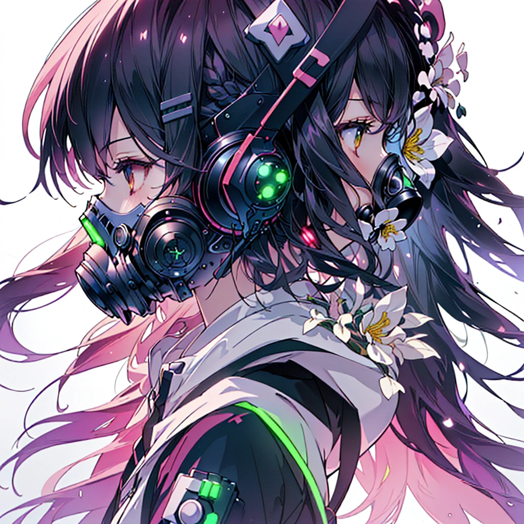 One girl,(((Highest quality、masterpiece、Official Art、Very detailed、Anime Style、Best dynamic composition、profile、Perfect Anatomy)))、 Headphones, hoodie, Vibrant colors, neon, White Background、gas mask、Flower Hair Ornaments、
