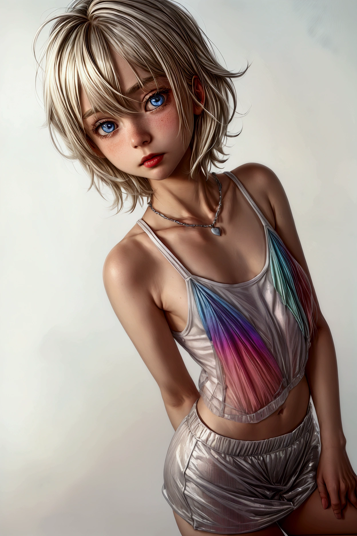 Anime style, Highres, Masterpiece, Best quality at best, Best Quality, hight quality, hight detailed, 1boy, (little boy), boy, blonde boy, blond Hair, perfect boy body, cute boy, detailed light blue eyes, detailed eyes, short hair, messy hair, pastel rainbow inner hair color mesh, Neutral Facial Features, boy flirty posing, wears a too short unicorn color transparent cami tank top, without breasts, silver necklace with a pastel pink heart, boy chest, pastel rainbow mini skirt, beautiful long legs, hot summer sunset on the beach, highest quality,