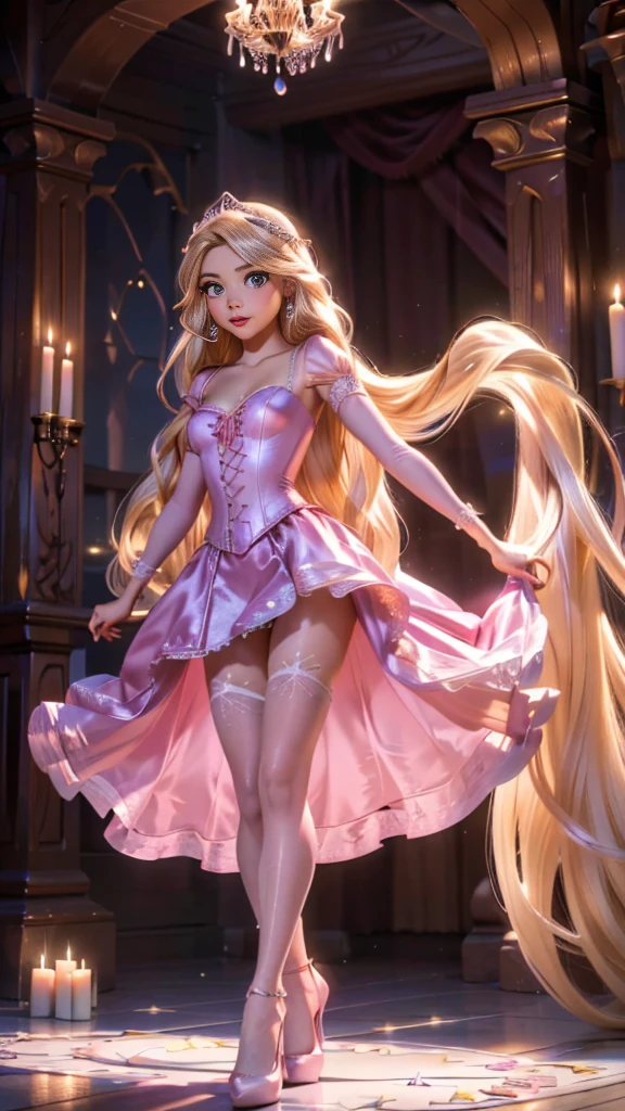 FAIRY TINKERNEL (tinker bell long hair ),long hair tied up, seducing gaze, (work of art:1.2),(full body photo) (best qualityer), (ultra detaild), (8k, 4K, intrikate), (highy detailed:1.2) bride 13 years old, image ultra realistic, candle light, beautiful blonde haired Colombian teen wearing tiny lace panties, breasts small e durinhos, veil, pantyhose, high heel shoes, bride , image ultra realistic, candle light, beautiful Colombian teenager with long blonde hair, wearing pink delight shiny satin lingerie, sexy small panties, magenta pink shoes, white pantyhose , white satin gloves, breasts small, standing pose for photo
