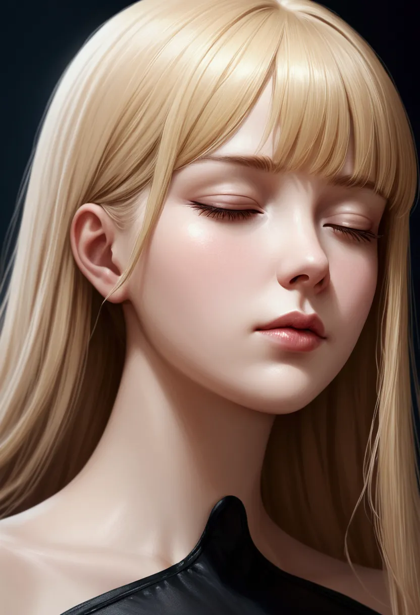 an adult girl, long blonde, straight haired,  beautiful face and eye, closed eyes, severed head, head separate from body, neck c...