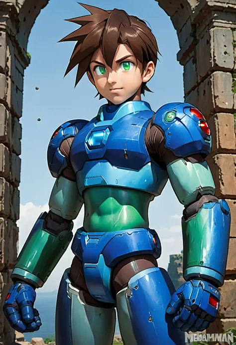 highest quality,raw photos,professional art works,m3g4m4n,blue armor,muscular,brown hair, boy,male focus, brown hair, green eyes...