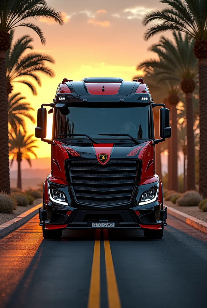 (high quality image, High Definition, 16k, realistic photo) a MERCEDES BENZ ACTROSS type tractor truck, with the characteristics of a lamborghini, aggressive, powerful. The truck is black and RED, big grill, with the acronym "JAC" on the grill. . foreground, ON THE ROAD, sunlight reflecting on the bodywork. wet floor, Water