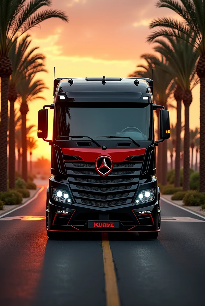 (high quality image, High Definition, 16k, realistic photo) a MERCEDES BENZ ACTROSS type tractor truck, with the characteristics of a lamborghini, aggressive, powerful. The truck is black and RED, big grill, with the acronym "JAC" on the grill. . foreground, ON THE ROAD, sunlight reflecting on the bodywork. wet floor, Water