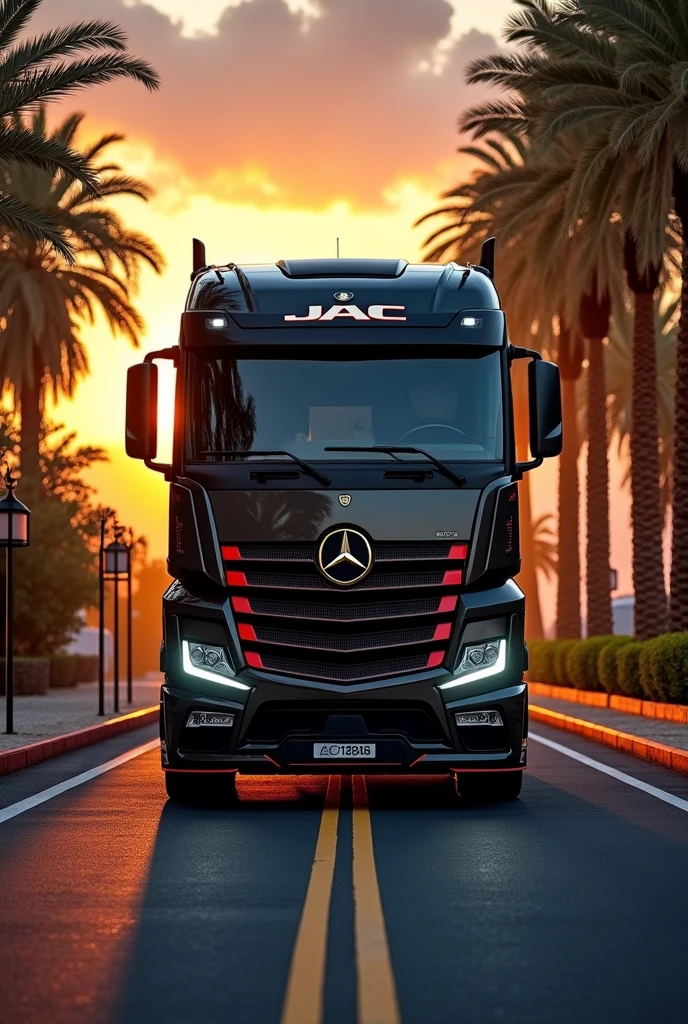 (high quality image, High Definition, 16k, realistic photo) a MERCEDES BENZ ACTROSS type tractor truck, with the characteristics of a lamborghini, aggressive, powerful. The truck is black and RED, big grill, with the acronym "JAC" on the grill. . foreground, ON THE ROAD, sunlight reflecting on the bodywork. wet floor, Water