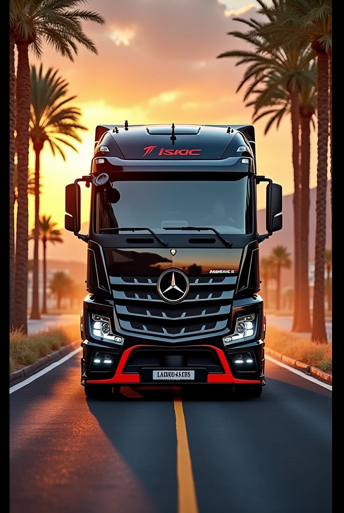 (high quality image, High Definition, 16k, realistic photo) a MERCEDES BENZ ACTROSS type tractor truck, with the characteristics of a lamborghini, aggressive, powerful. The truck is black and RED, big grill, with the acronym "JAC" on the grill. . foreground, ON THE ROAD, sunlight reflecting on the bodywork. wet floor, Water