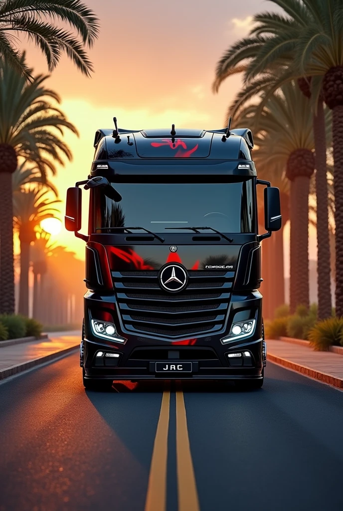 (high quality image, High Definition, 16k, realistic photo) a MERCEDES BENZ ACTROSS type tractor truck, with the characteristics of a lamborghini, aggressive, powerful. The truck is black and RED, big grill, with the acronym "JAC" on the grill. . foreground, ON THE ROAD, sunlight reflecting on the bodywork. wet floor, Water