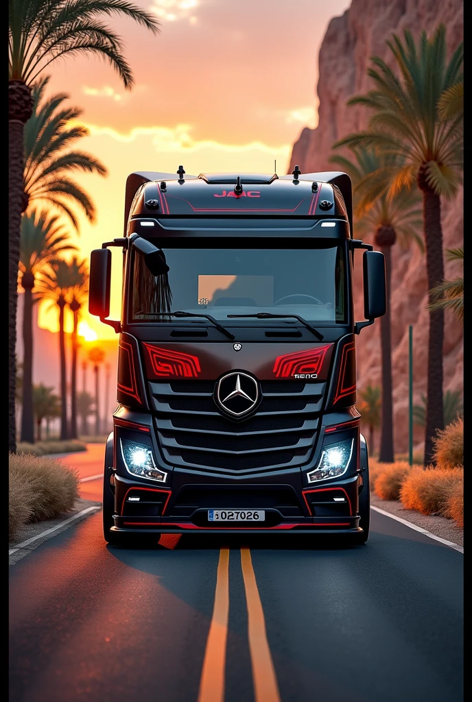 (high quality image, High Definition, 16k, realistic photo) a MERCEDES BENZ ACTROSS type tractor truck, with the characteristics of a lamborghini, aggressive, powerful. The truck is black and RED, big grill, with the acronym "JAC" on the grill. . foreground, ON THE ROAD, sunlight reflecting on the bodywork. wet floor, Water