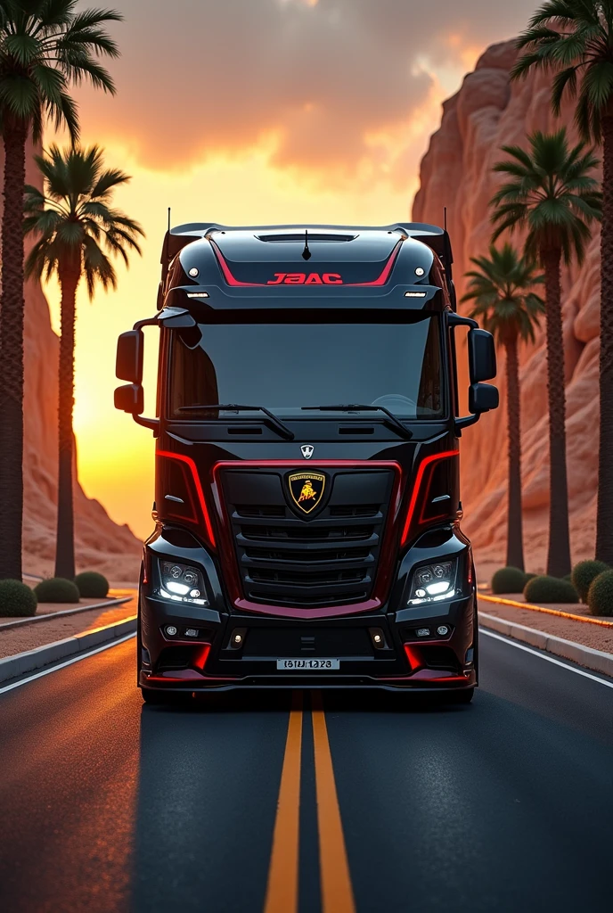 (high quality image, High Definition, 16k, realistic photo) a MERCEDES BENZ ACTROSS type tractor truck, with the characteristics of a lamborghini, aggressive, powerful. The truck is black and RED, big grill, with the acronym "JAC" on the grill. . foreground, ON THE ROAD, sunlight reflecting on the bodywork. wet floor, Water