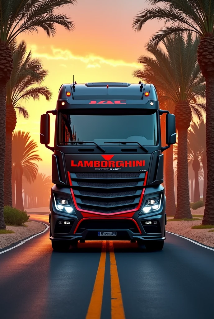 (high quality image, High Definition, 16k, realistic photo) a MERCEDES BENZ ACTROSS type tractor truck, with the characteristics of a lamborghini, aggressive, powerful. The truck is black and RED, big grill, with the acronym "JAC" on the grill. . foreground, ON THE ROAD, sunlight reflecting on the bodywork. wet floor, Water