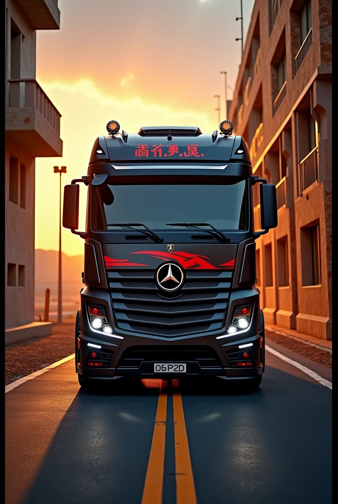 (high quality image, High Definition, 16k, realistic photo) a MERCEDES BENZ ACTROSS type tractor truck, with the characteristics of a lamborghini, aggressive, powerful. The truck is black and RED, big grill, with the acronym "JAC" on the grill. . foreground, ON THE ROAD, sunlight reflecting on the bodywork. wet floor, Water