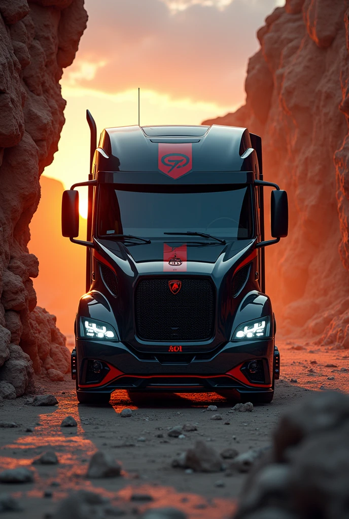 (high quality image, High Definition, 16k, realistic photo) a MERCEDES BENZ ACTROSS type tractor truck, with the characteristics of a lamborghini, aggressive, powerful. The truck is black and RED, big grill, with the acronym "JAC" on the grill. . foreground, ON THE ROAD, sunlight reflecting on the bodywork. wet floor, Water