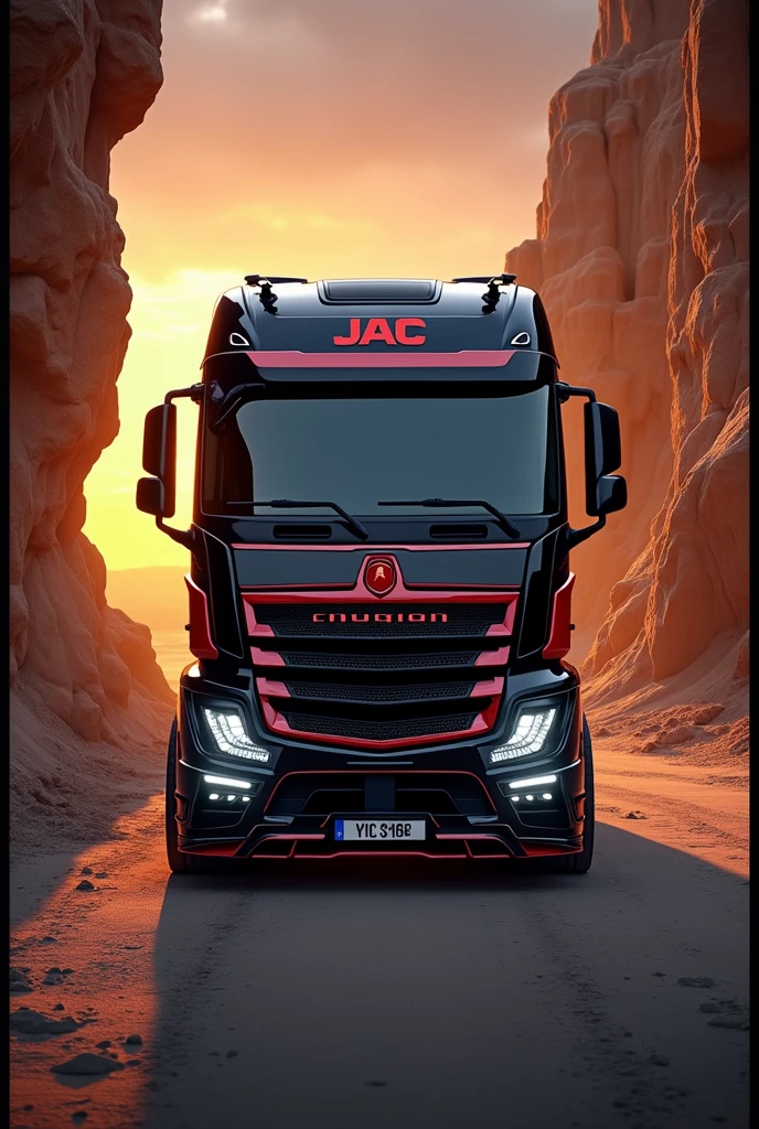 (high quality image, High Definition, 16k, realistic photo) a MERCEDES BENZ ACTROSS type tractor truck, with the characteristics of a lamborghini, aggressive, powerful. The truck is black and RED, big grill, with the acronym "JAC" on the grill. . foreground, ON THE ROAD, sunlight reflecting on the bodywork. wet floor, Water