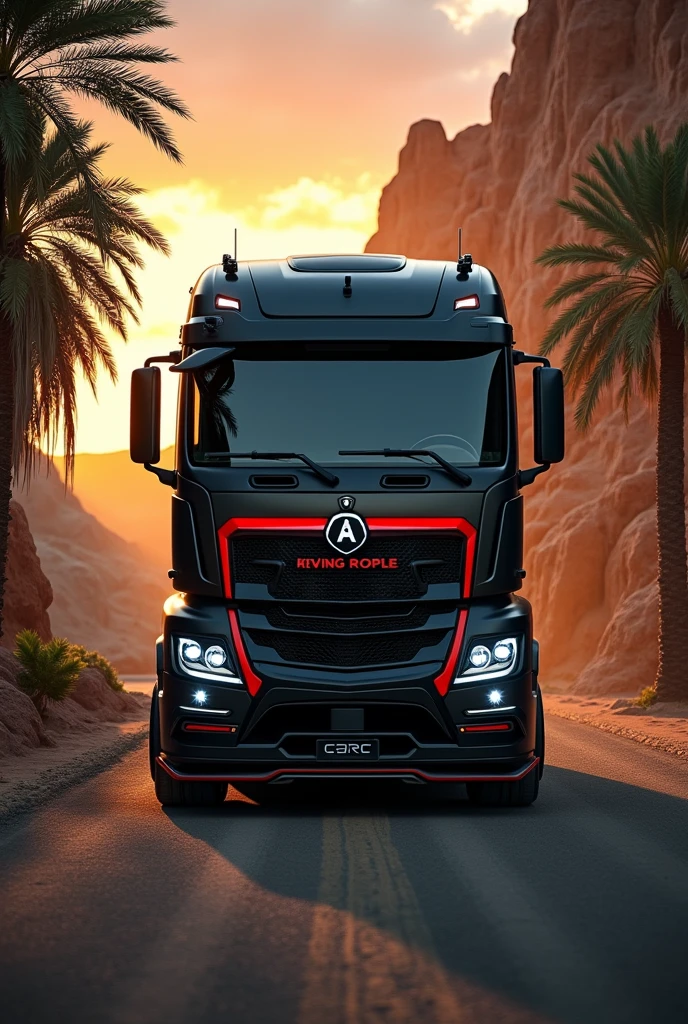 (high quality image, High Definition, 16k, realistic photo) a MERCEDES BENZ ACTROSS type tractor truck, with the characteristics of a lamborghini, aggressive, powerful. The truck is black and RED, big grill, with the acronym "JAC" on the grill. . foreground, ON THE ROAD, sunlight reflecting on the bodywork. wet floor, Water