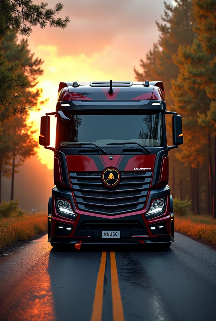 (high quality image, High Definition, 16k, realistic photo) a MERCEDES BENZ ACTROSS type tractor truck, with the characteristics of a lamborghini, aggressive, powerful. The truck is black and RED, big grill, with the acronym "JAC" on the grill. . foreground, ON THE ROAD, sunlight reflecting on the bodywork. wet floor, Water