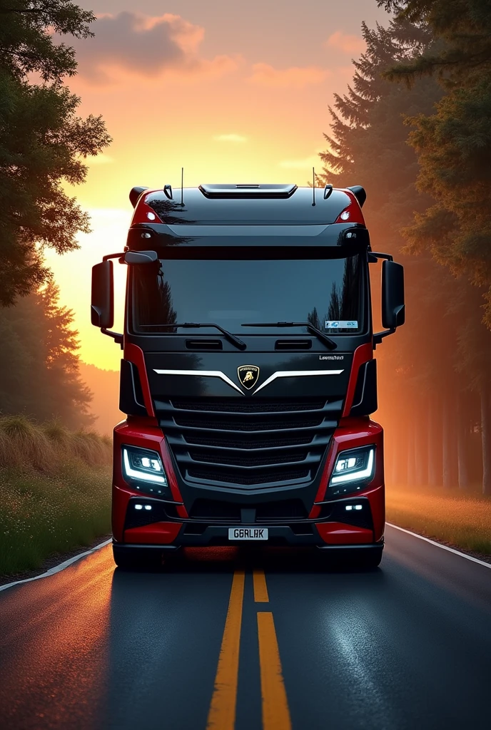 (high quality image, High Definition, 16k, realistic photo) a MERCEDES BENZ ACTROSS type tractor truck, with the characteristics of a lamborghini, aggressive, powerful. The truck is black and RED, big grill, with the acronym "JAC" on the grill. . foreground, ON THE ROAD, sunlight reflecting on the bodywork. wet floor, Water