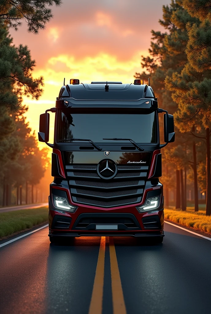 (high quality image, High Definition, 16k, realistic photo) a MERCEDES BENZ ACTROSS type tractor truck, with the characteristics of a lamborghini, aggressive, powerful. The truck is black and RED, big grill, with the acronym "JAC" on the grill. . foreground, ON THE ROAD, sunlight reflecting on the bodywork. wet floor, Water