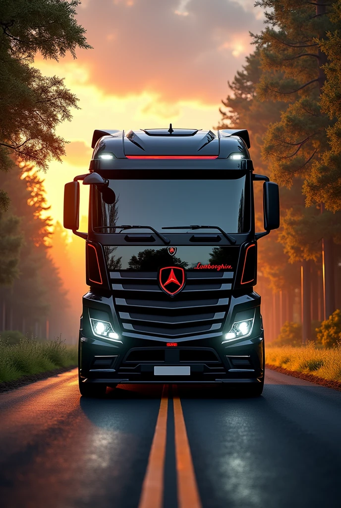 (high quality image, High Definition, 16k, realistic photo) a MERCEDES BENZ ACTROSS type tractor truck, with the characteristics of a lamborghini, aggressive, powerful. The truck is black and RED, big grill, with the acronym "JAC" on the grill. . foreground, ON THE ROAD, sunlight reflecting on the bodywork. wet floor, Water