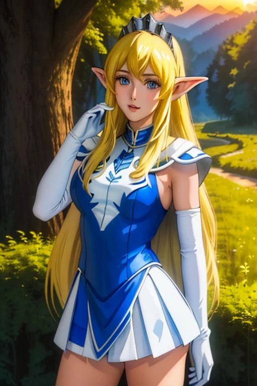 high resolution, masterpiece, high quality, perfect face, perfect eyes, mansion foyer, Nina Aslato, long blonde hair, tiara, blue leotard, miniskirt, white elbow gloves, blue cape, huge breasts, cheerful, outdoors, forest background, sunset, long elf ears