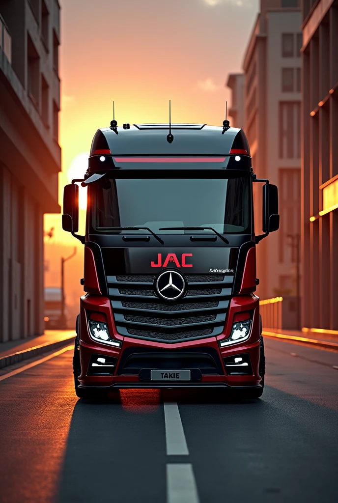 (high quality image, High Definition, 16k, realistic photo) a MERCEDES BENZ ACTROSS type tractor truck, with the characteristics of a lamborghini, aggressive, powerful. The truck is black and RED, big grill, with the acronym "JAC" on the grill. . foreground, ON THE ROAD, sunlight reflecting on the bodywork. wet floor, Water