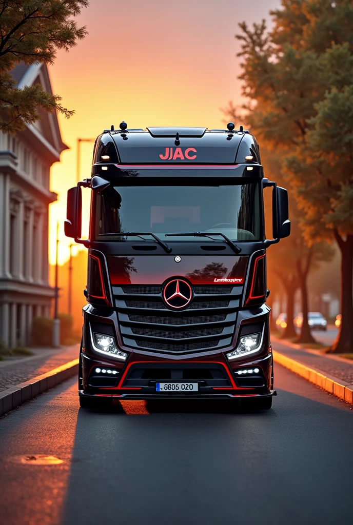 (high quality image, High Definition, 16k, realistic photo) a MERCEDES BENZ ACTROSS type tractor truck, with the characteristics of a lamborghini, aggressive, powerful. The truck is black and RED, big grill, with the acronym "JAC" on the grill. . foreground, ON THE ROAD, sunlight reflecting on the bodywork. wet floor, Water